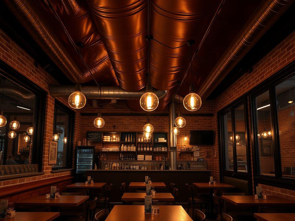 Ember &amp; Oak Cafe - Warm copper-toned printed ceiling