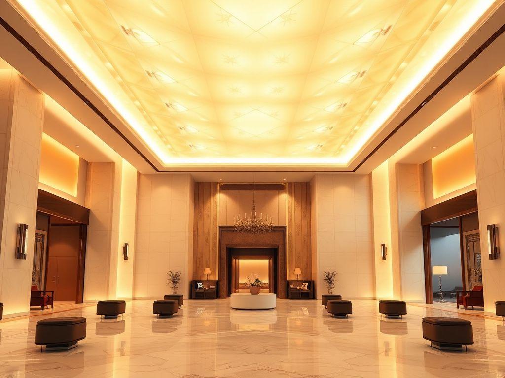 Hotel hall lit by a backlit translucent LED stretch ceiling