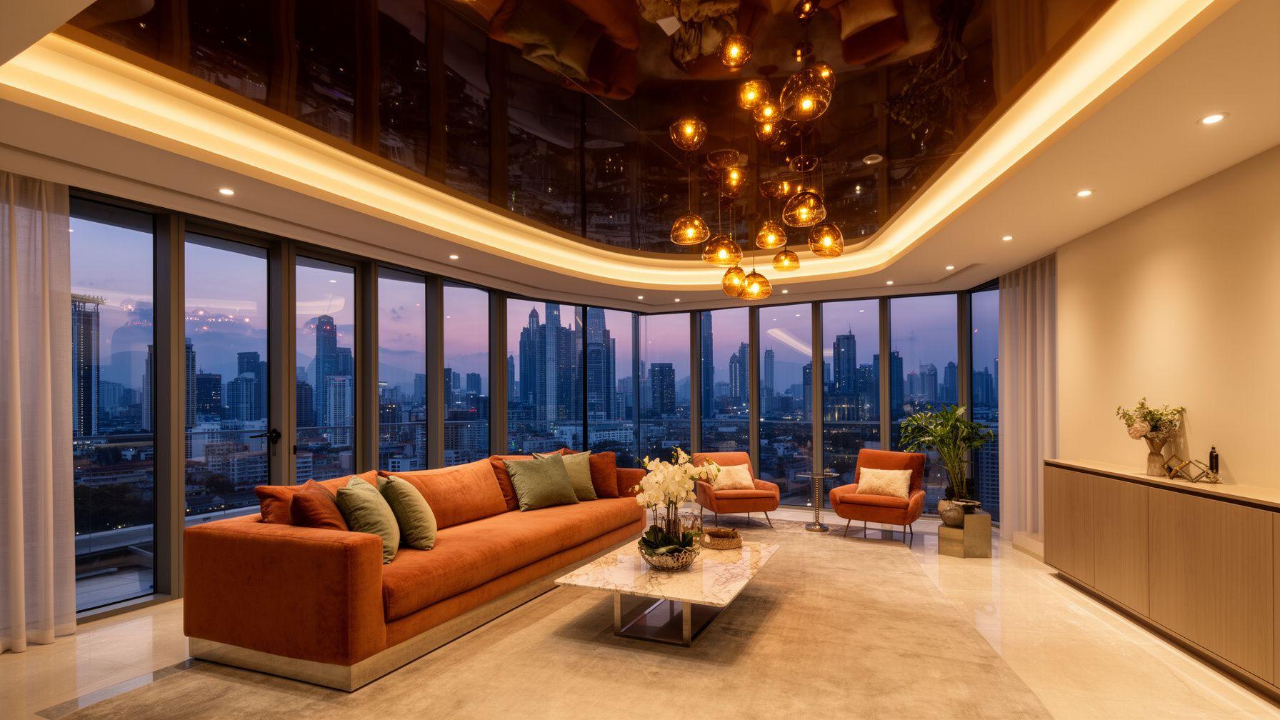Penthouse living room with a high-gloss stretch ceiling reflecting warm light